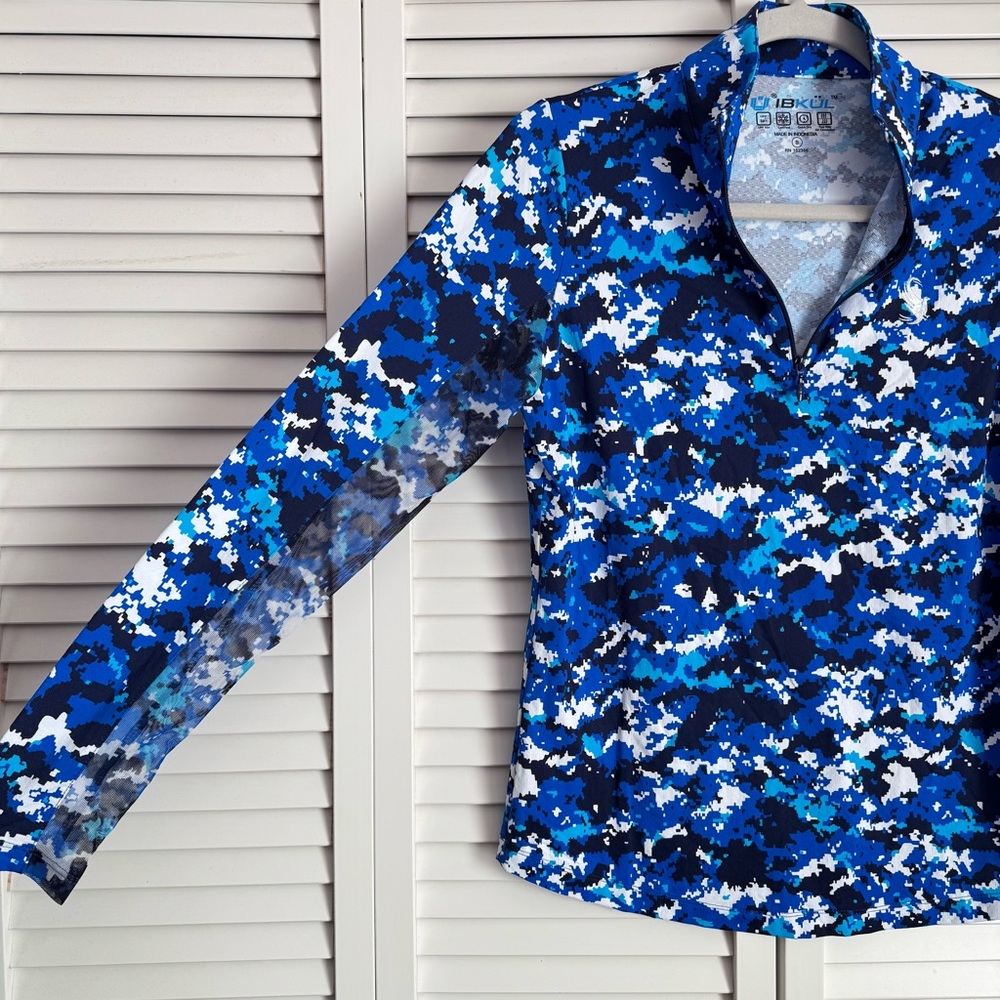 IBKUL Mock Neck Zip Long Sleeve UPF50+ Shirt Camo Blue Golf Tennis LOGO Small - Picture 5 of 8